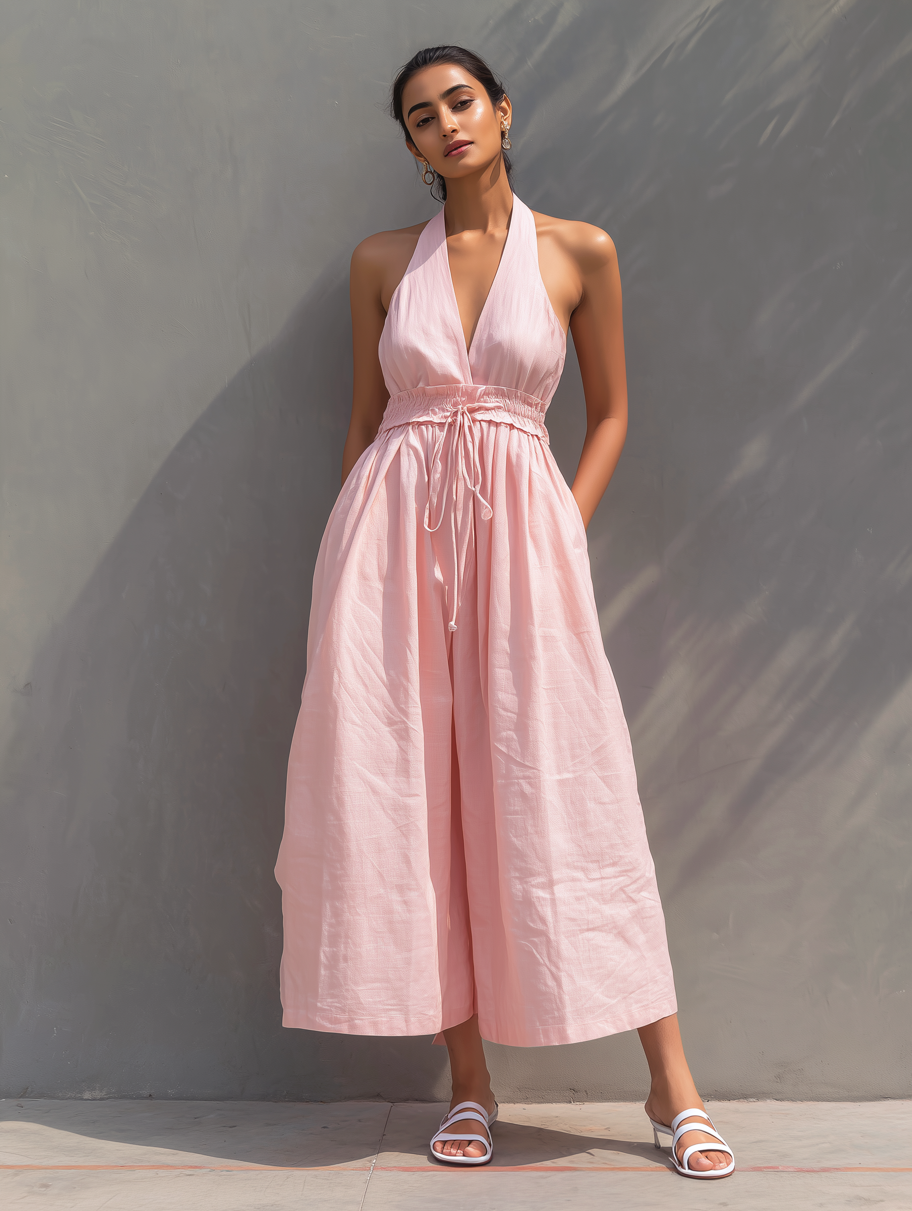 Women's Elegant Light Pink Cotton Linen Halter Neck Sleeveless Jumpsuit MDZ2765B4AN