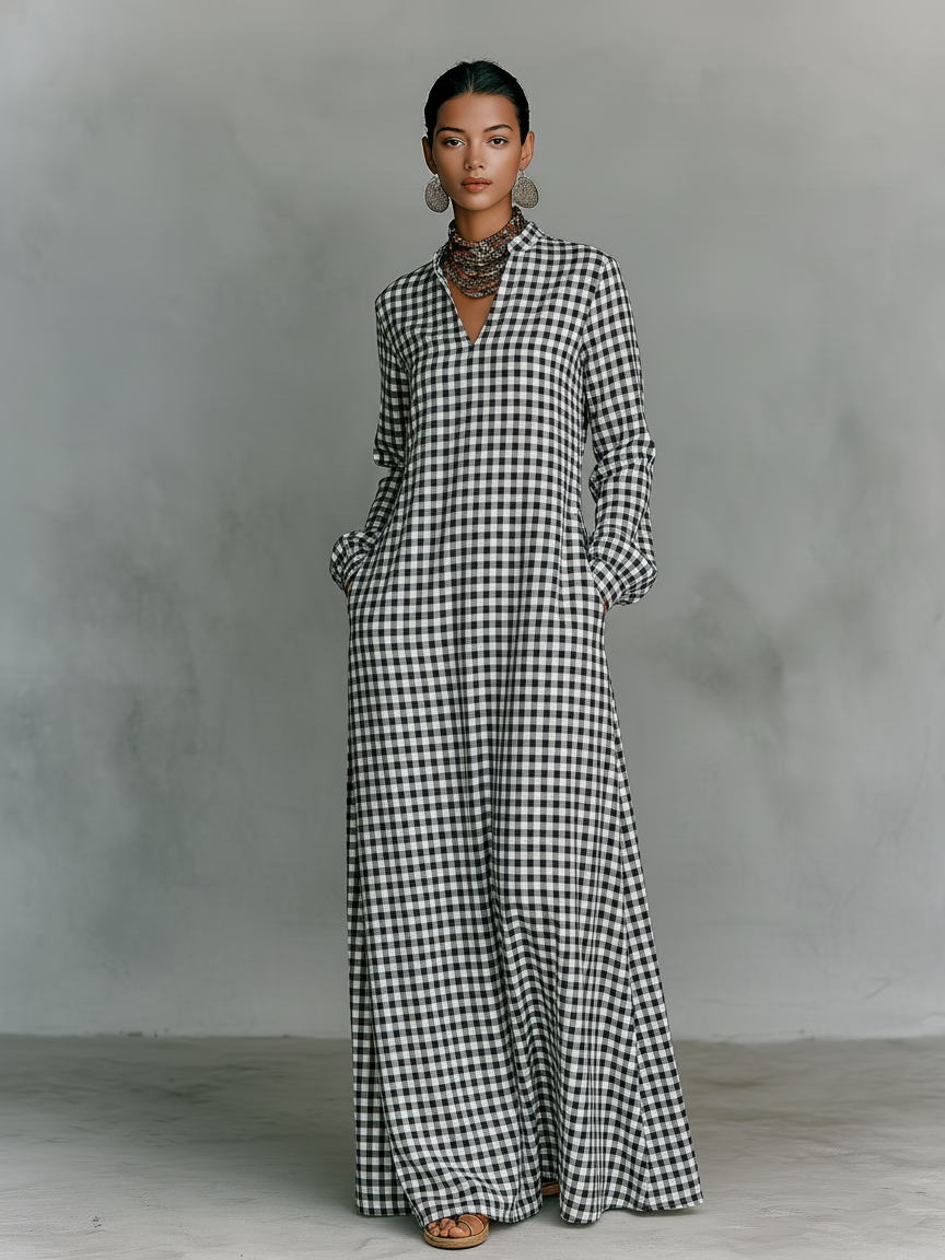 Women's Minimalist Cotton Plaid V-neck Long-sleeved Maxi Dress MDA2906K0Y