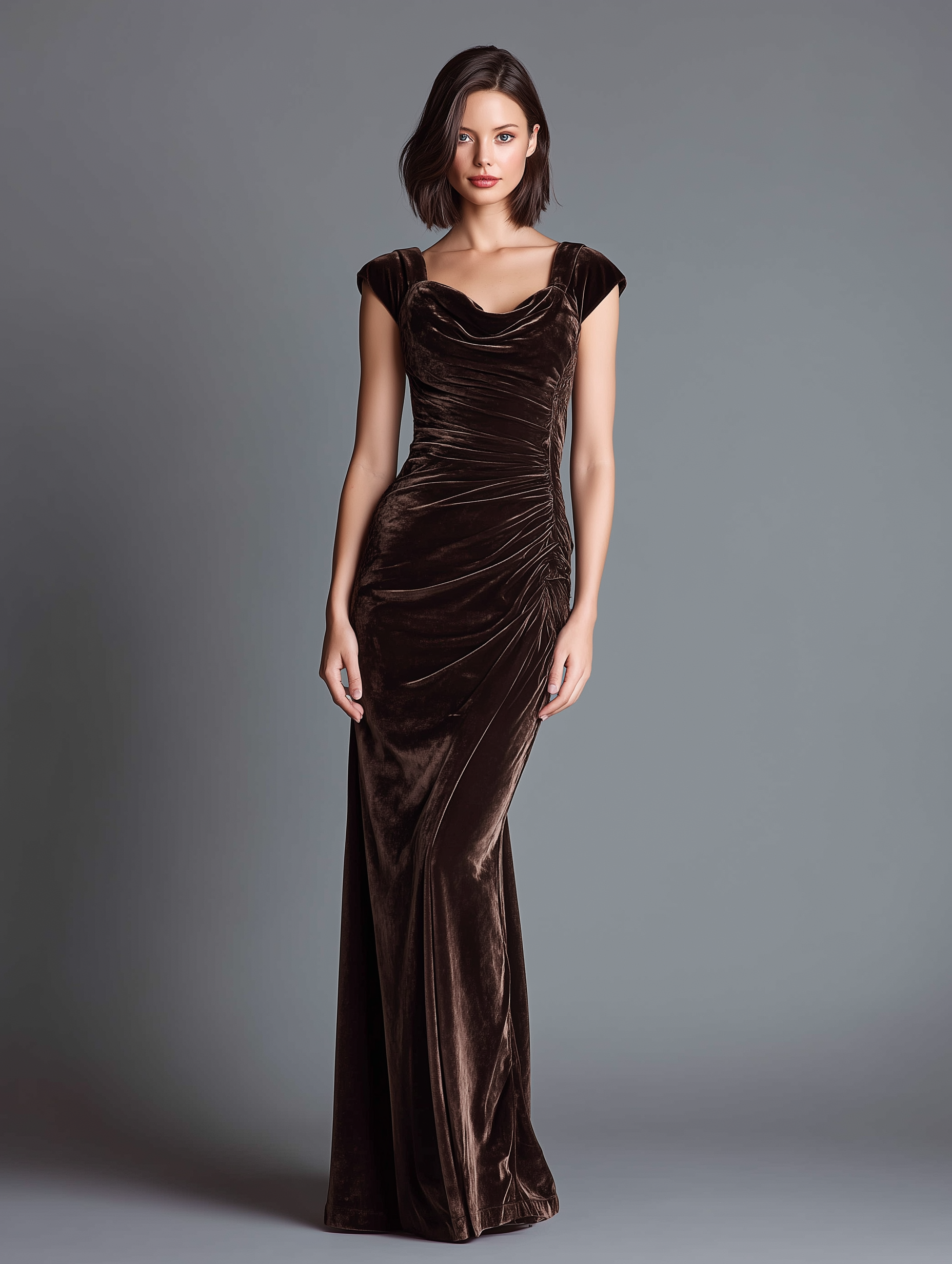 Women's Elegant And Stylish Dark Brown Short-sleeved Velvet Fitted Long Dress With Ruched Waist MDA2725K9AN
