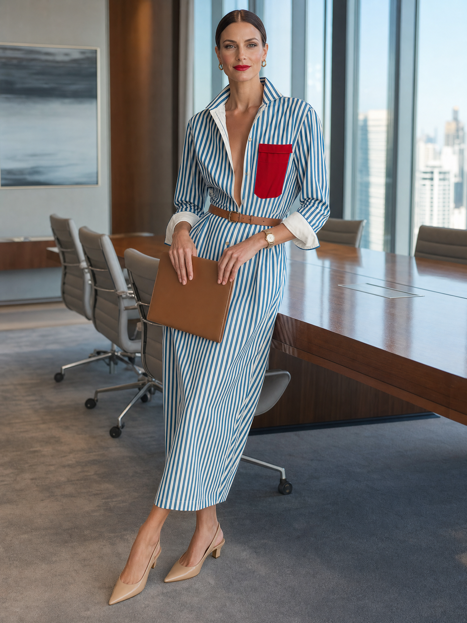 Women's Blue And White Cotton Striped Shirt Dress With Red Chest Pocket MDZ1286C2T
