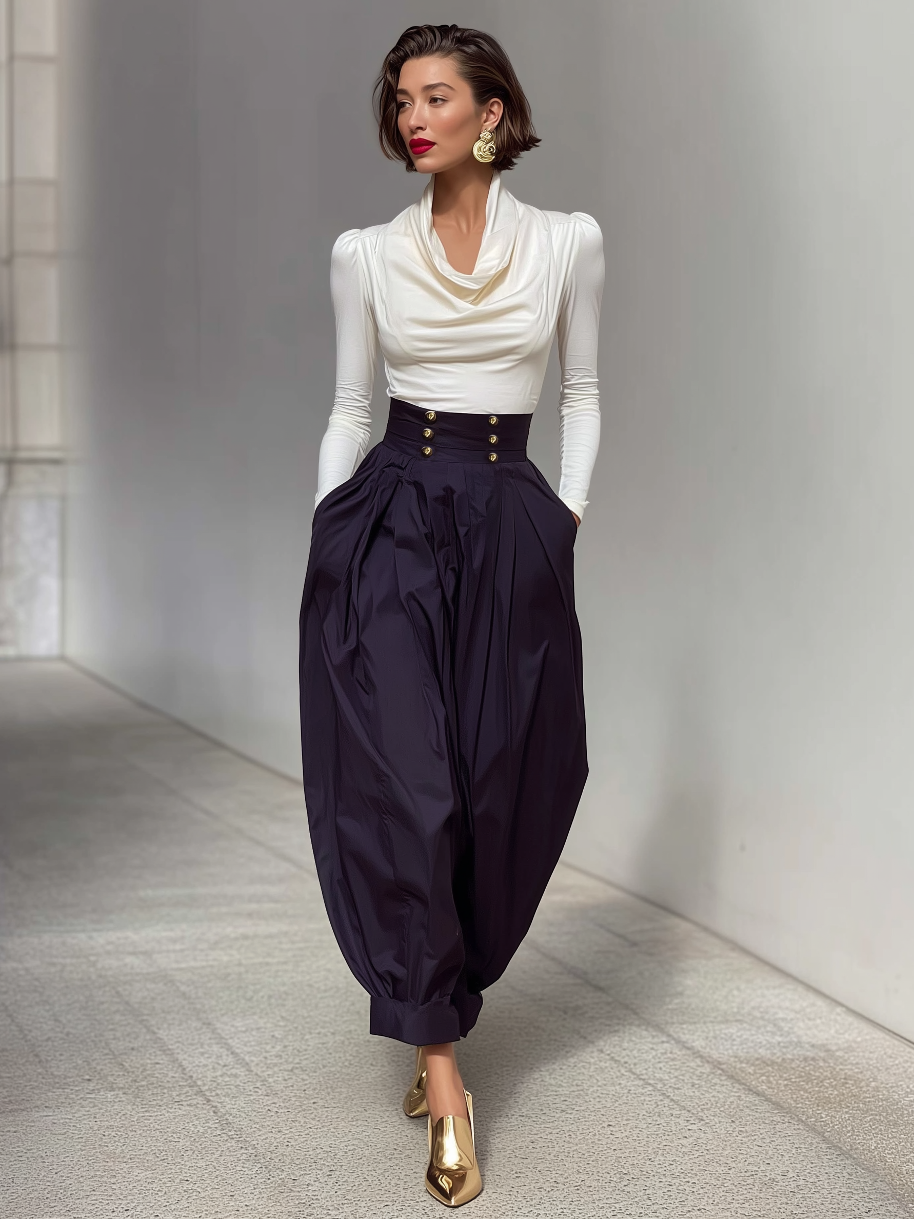 Women's Minimalist Cowl Neck T-shirt And Harem Pants Set MDA1591L3Y