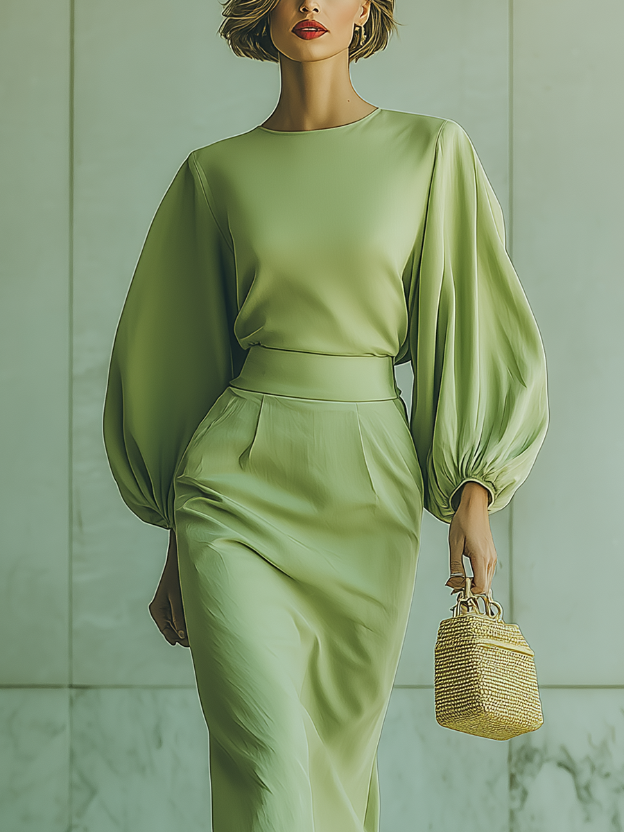 Women's Light Green Satin Round-Neck Lantern-Sleeved Top And High-Waisted Skirt Set MDA1026I6T