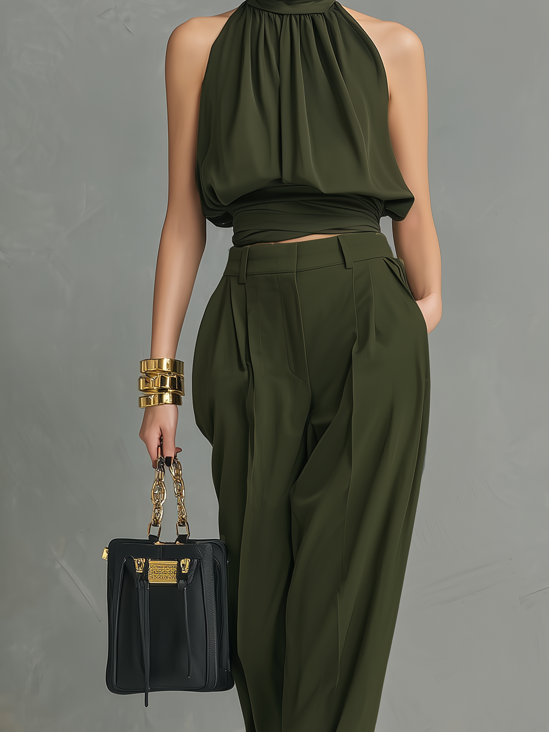 Women's Elegant Dark Green Chiffon Round Neck Sleeveless Top Paired With Matching Woven Trousers Set MDZ0380C9AN