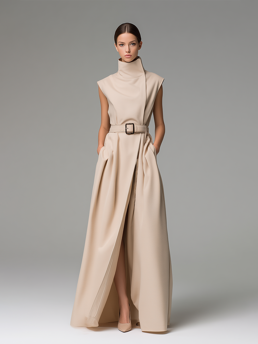 Women's Light Khaki Cotton Blend High-neck Sleeveless Belted Long Dress With Side Slit MDA0807L9T