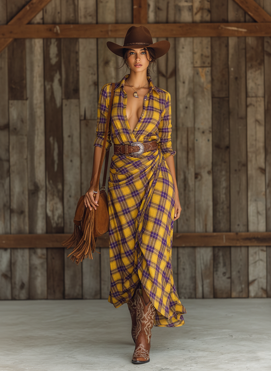Women's Plaid Print Shirt Collar Maxi Dress (belt Not Included) MDA2939J0Y