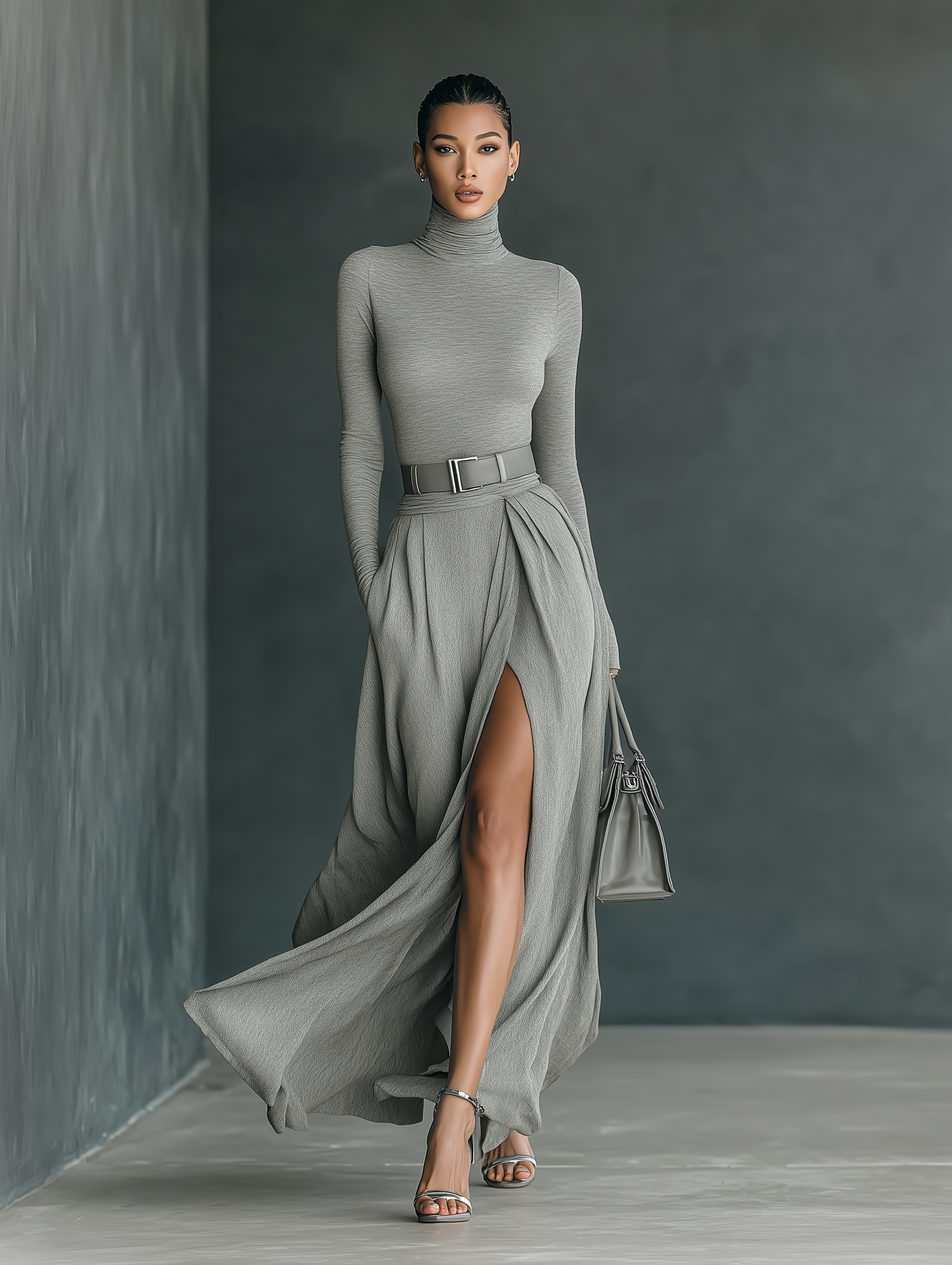 Women's Fashionable And Elegant Gray Long-sleeved High-neck Slim-fit Knit Stretch Dress With Front Slit MDA2875K9AN