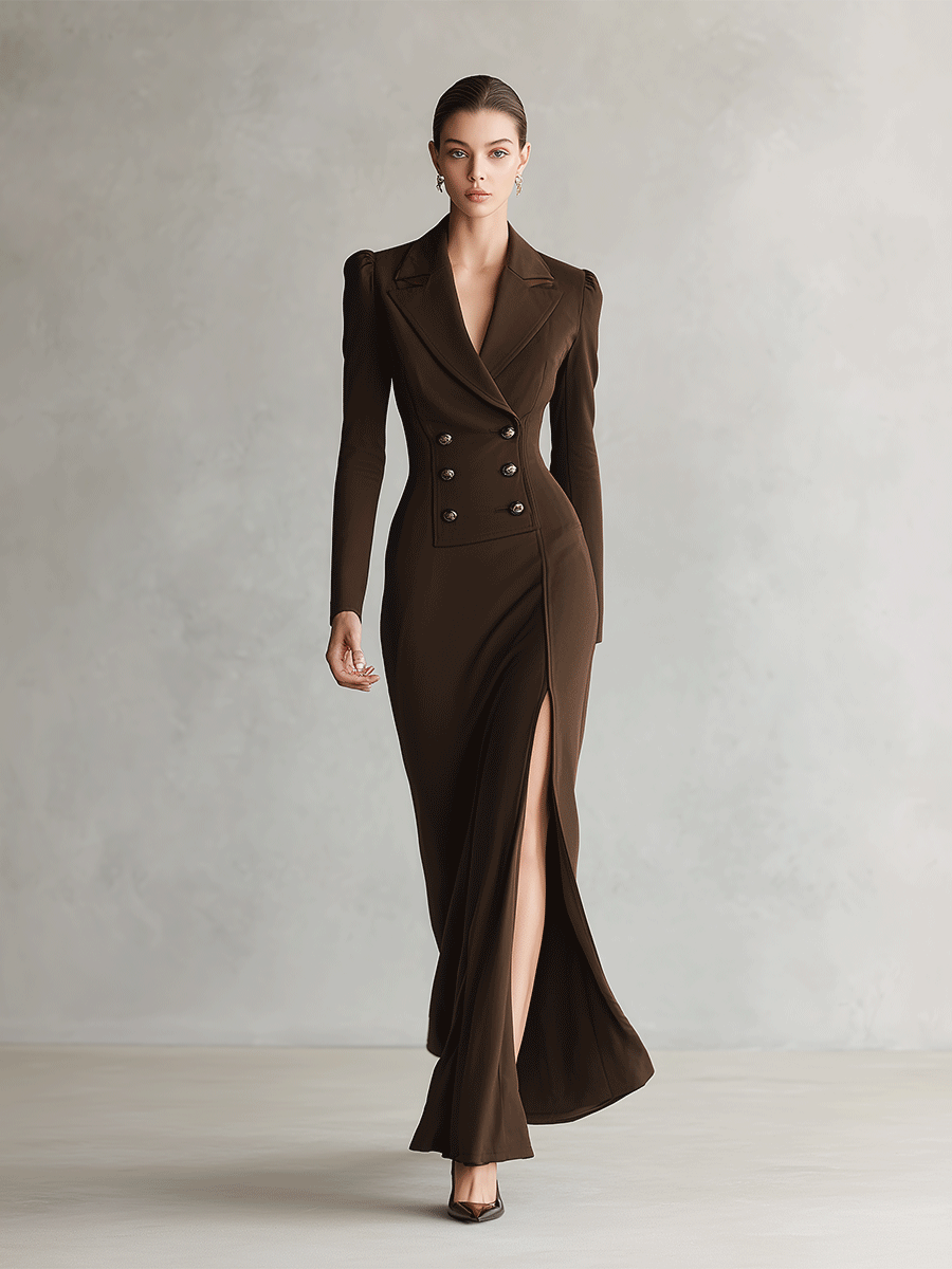 Women's Brown Structured Sophisticated Double-Breasted Maxi Dress MDA0569I5I