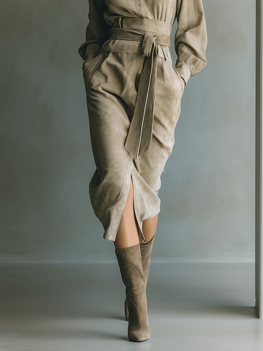 Women's Khaki Faux Suede High-waisted Long-sleeved Midi Dress With Laces MDA0190L9T