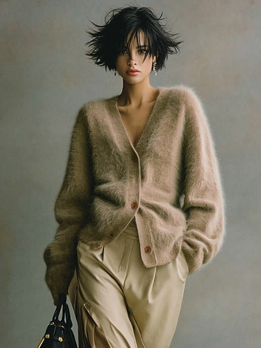 Women's Vintage Mohair Collarless Single-Breasted Cardigan MDA2813H0Y