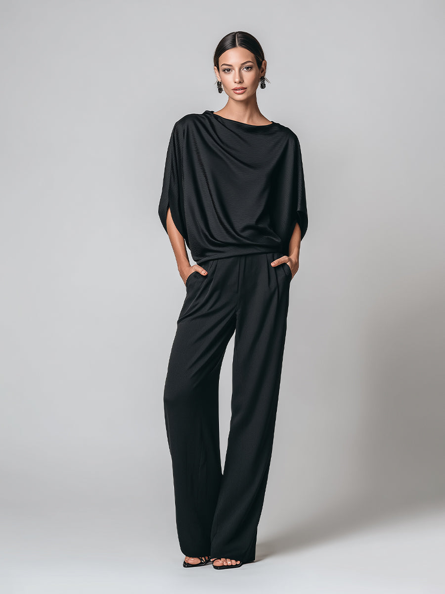 Women's Black Satin Elegant Batwing Sleeve & Wide-Leg Pant Set MDA0153K6I