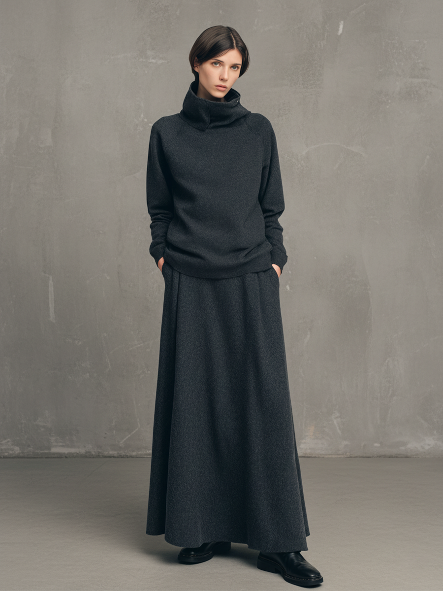 Women's Charcoal Gray Air-layer High-neck Top And Flared Long Skirt Set MDA1107L4T