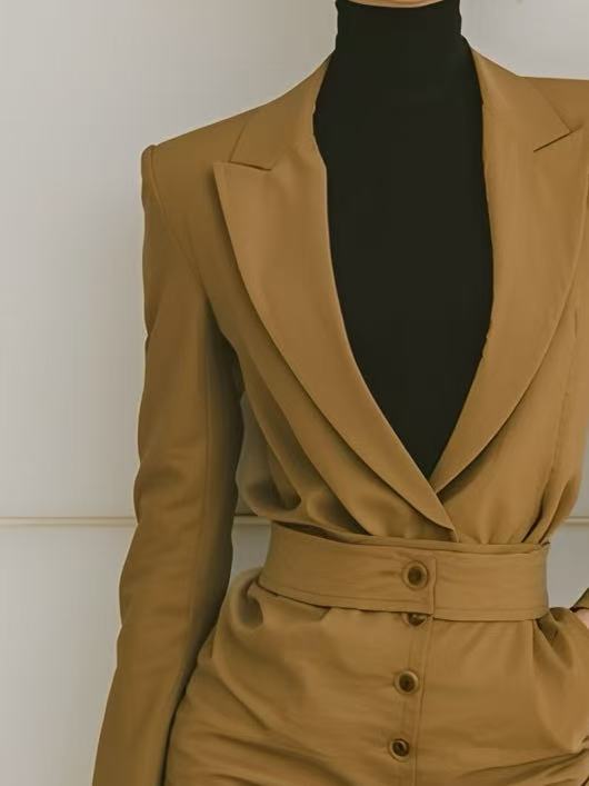 Women's Earthy Yellow Simple And Elegant Peak Lapel Fitted Waist Suit And Skirt Set MDA0538K1AN