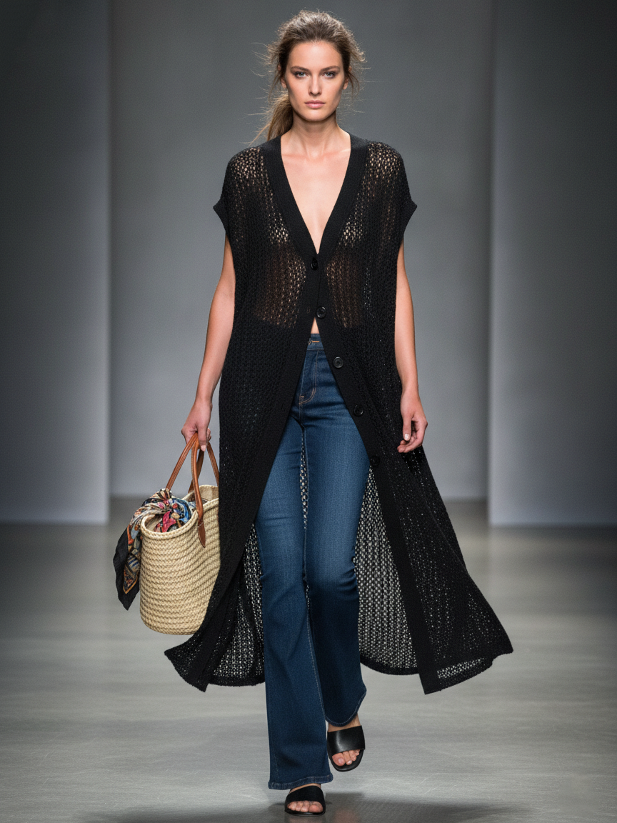 Women's Minimalist Knitted Mesh Short-sleeved Single-breasted Cardigan MDZ0984A6Y