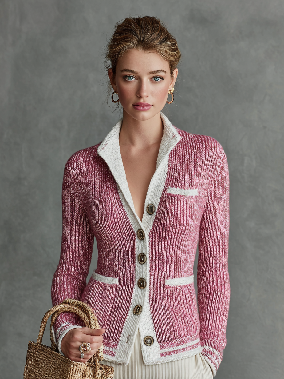 Women's Slim-fit White Trim Single-breasted Knitted Cardigan MDA2491I4Y
