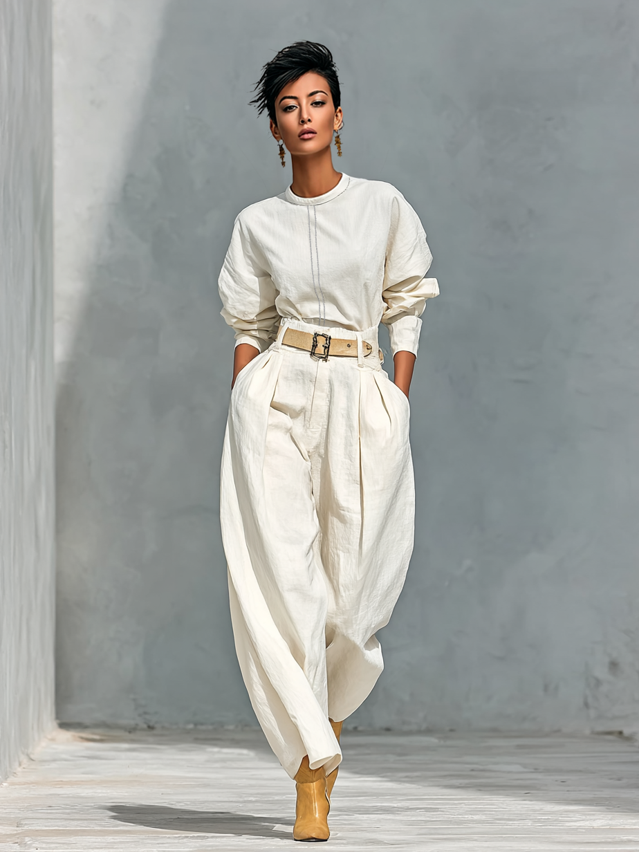 Women's Fashion Cotton And Linen Blend Crew Neck Long Sleeve Shirt Loose Trousers Set (belt Not Included)MDA2555G6Y