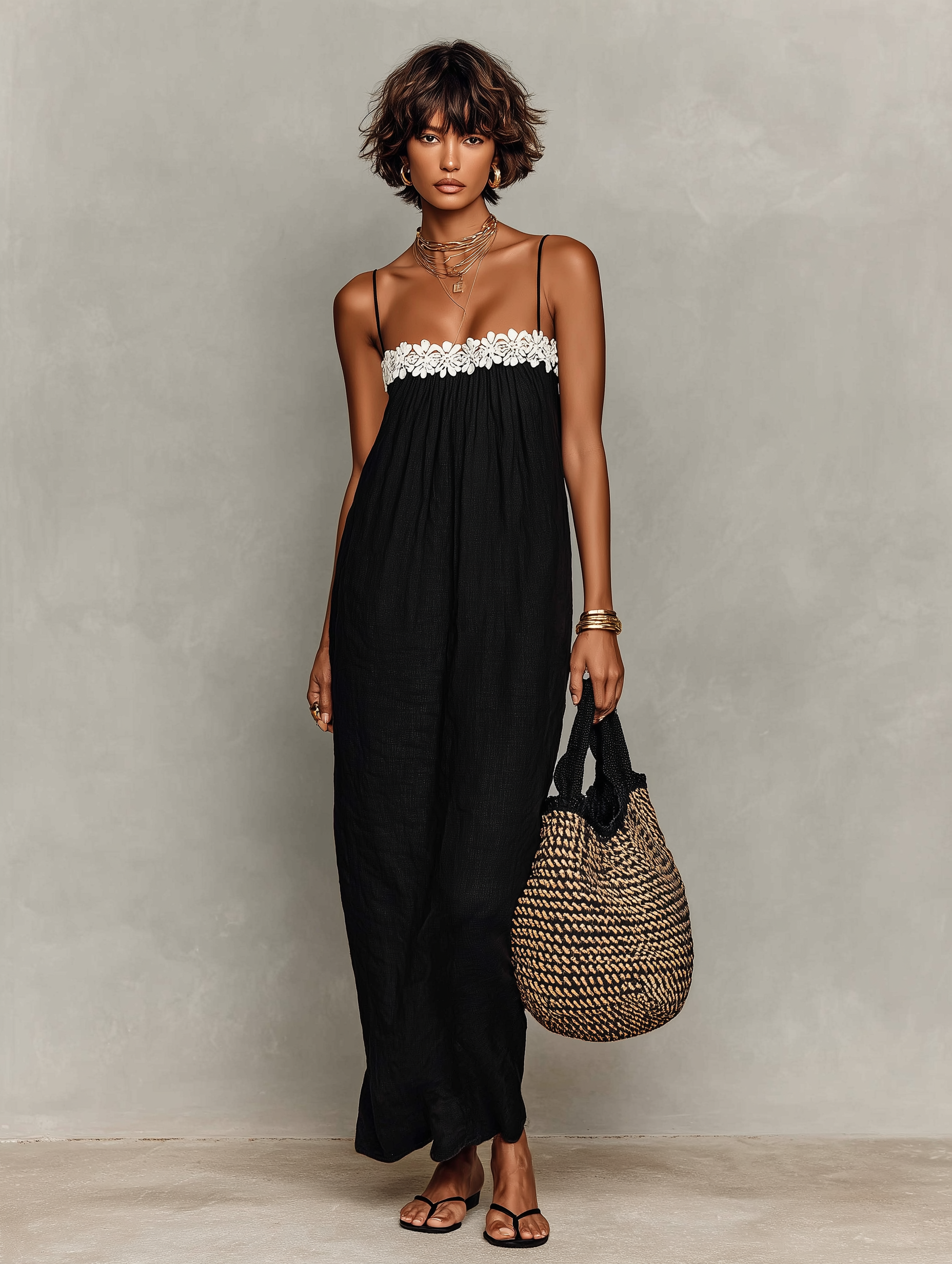 Women's Minimalist Linen-Blend Lace-Paneled Strapless With Spaghetti Straps Maxi Dress MDZ1926C9Y