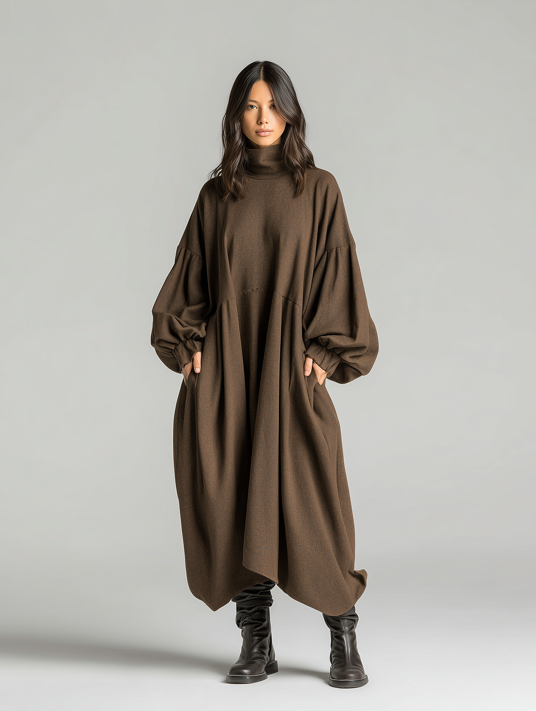 Women's Fashionable Cool Brown High-neck Cocoon-shaped Loose Woven Long-sleeved Midi Dress MDA1999L0AN