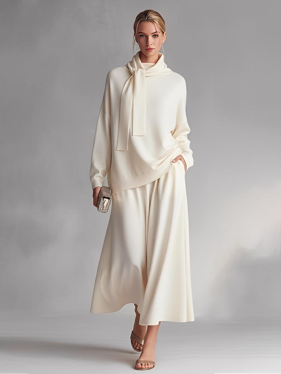 Women's Creamy Ivory Soft Knit Set With Tie-Neck Top & Skirt, Timeless Luxe Relaxed Style Set MDA1641L4I