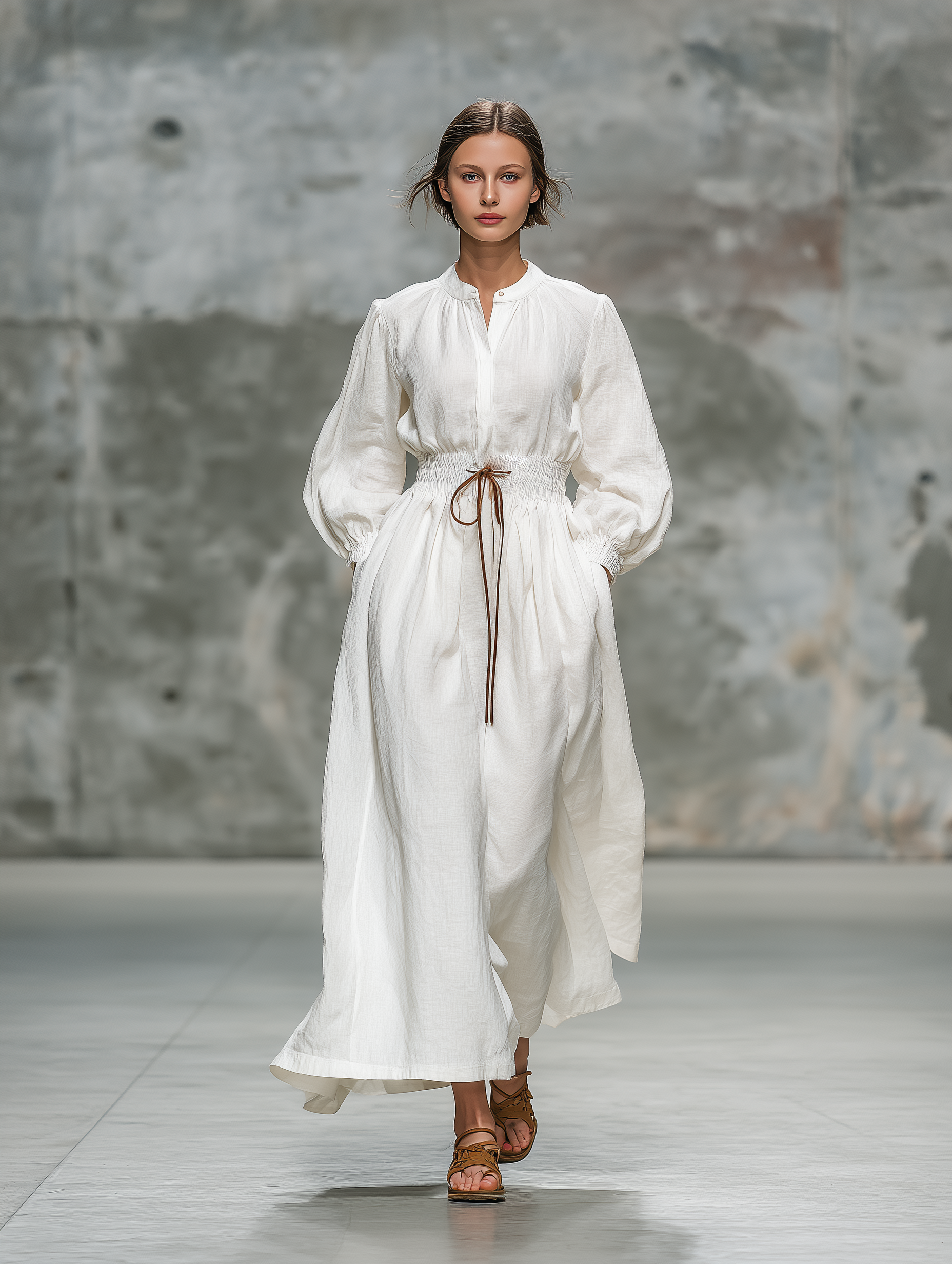 Women's Fashionable White Woven Round-neck Long-sleeved Maxi Dress With Elastic Waist MDZ0650A8AN