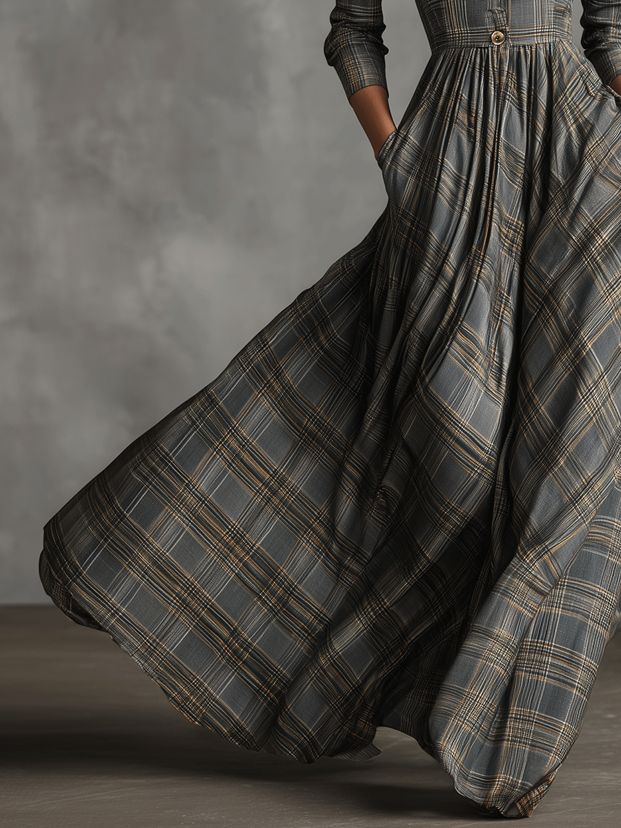 Women's Grey Sophisticated Tartan - Patterned Linen - Blend Flared Maxi Dress MDA0222I7I