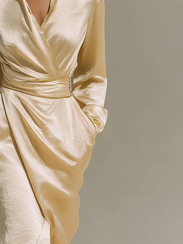 Women's Fashionable And Elegant Beige High-elastic Satin Shirt With Collar And Long Sleeves Paired With A Mid-length Skirt MDA1929K4AN