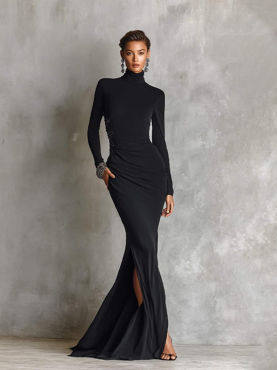 Women's Black Glamorous Stretch Polyester-Cotton Blend Turtleneck Beaded Ruched Slit Mermaid Gown MDA1702J5I
