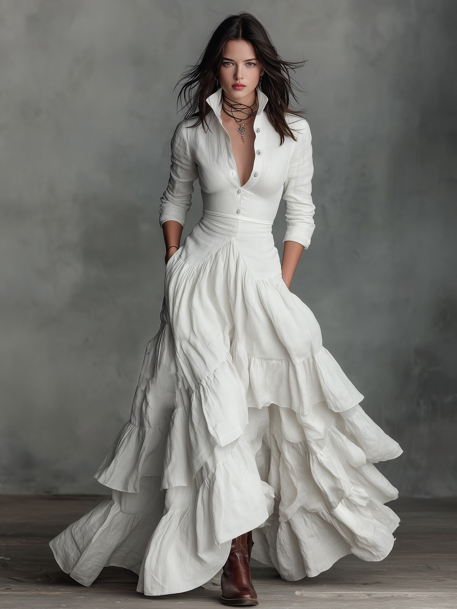 Women's Cotton And Linen Blend Shirt Collar Multi-layered Ruffle Maxi Dress MDA2234K2Y