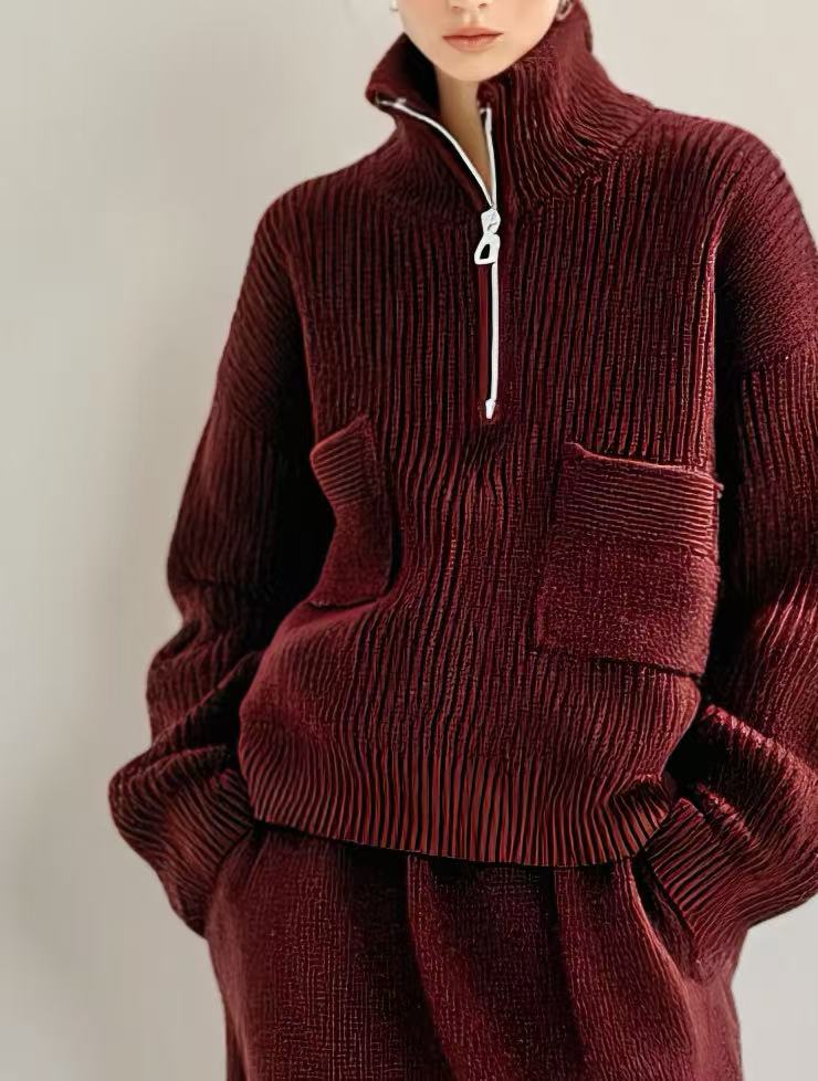 Women's Zippered Stand Collar Top With Pockets Knitted Long Skirt Set MDA0602K6AN