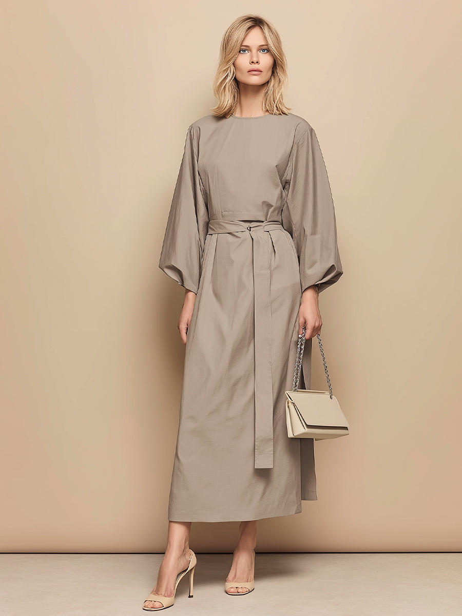 Women's Taupe Crisp Cotton Elegant Dress With Balloon Sleeves & Self-Tie Belt, Minimalist Chic Style Dress MDA0416K4I