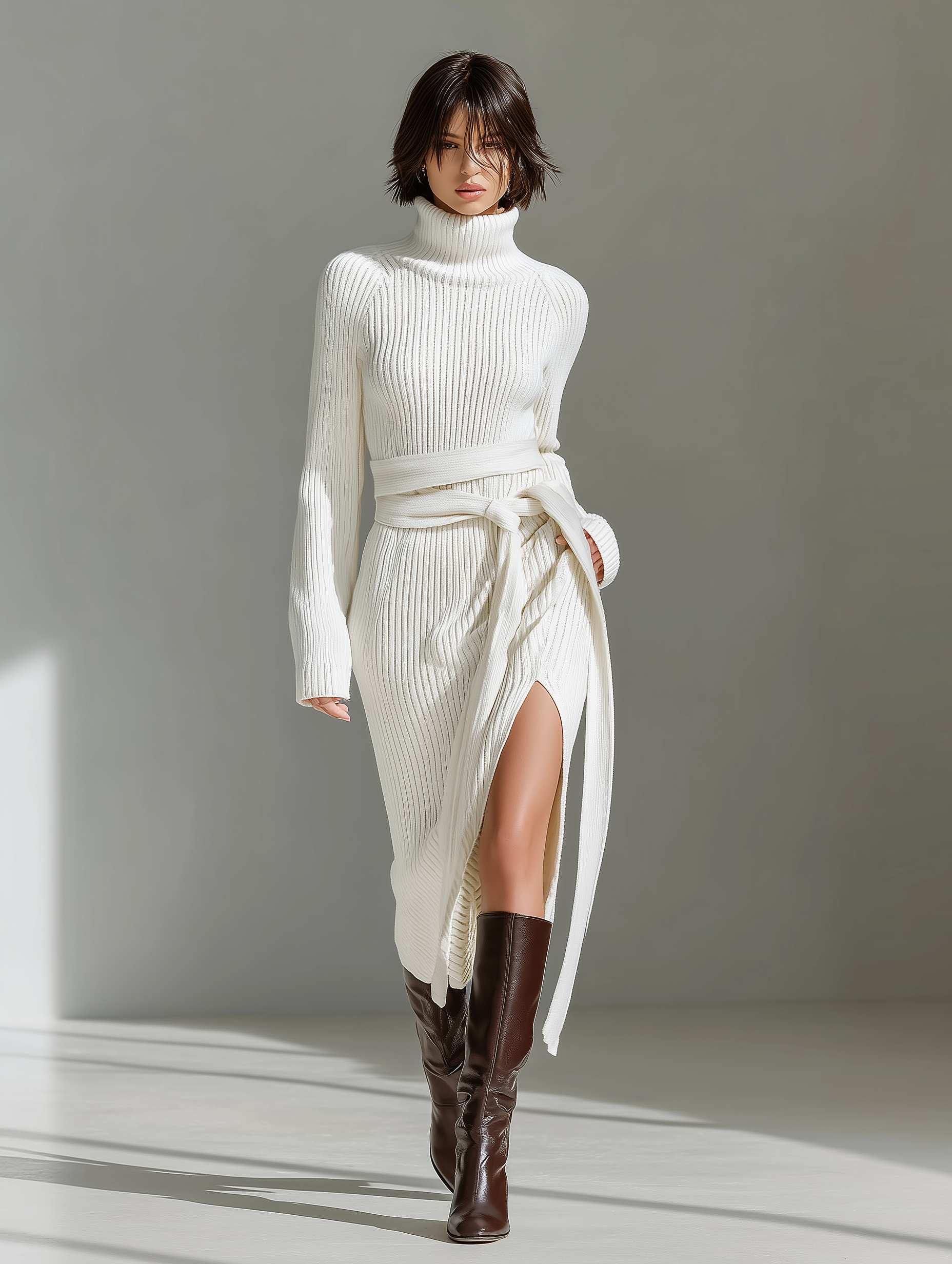 Women's Elegant White Knitted Turtleneck Loose-fitting Midi Dress With Slit MDA1220L6AN
