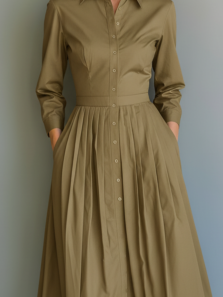Women's Elegant Khaki Woven Long-sleeved Slim-fit Shirt Dress MDA2019L0AN