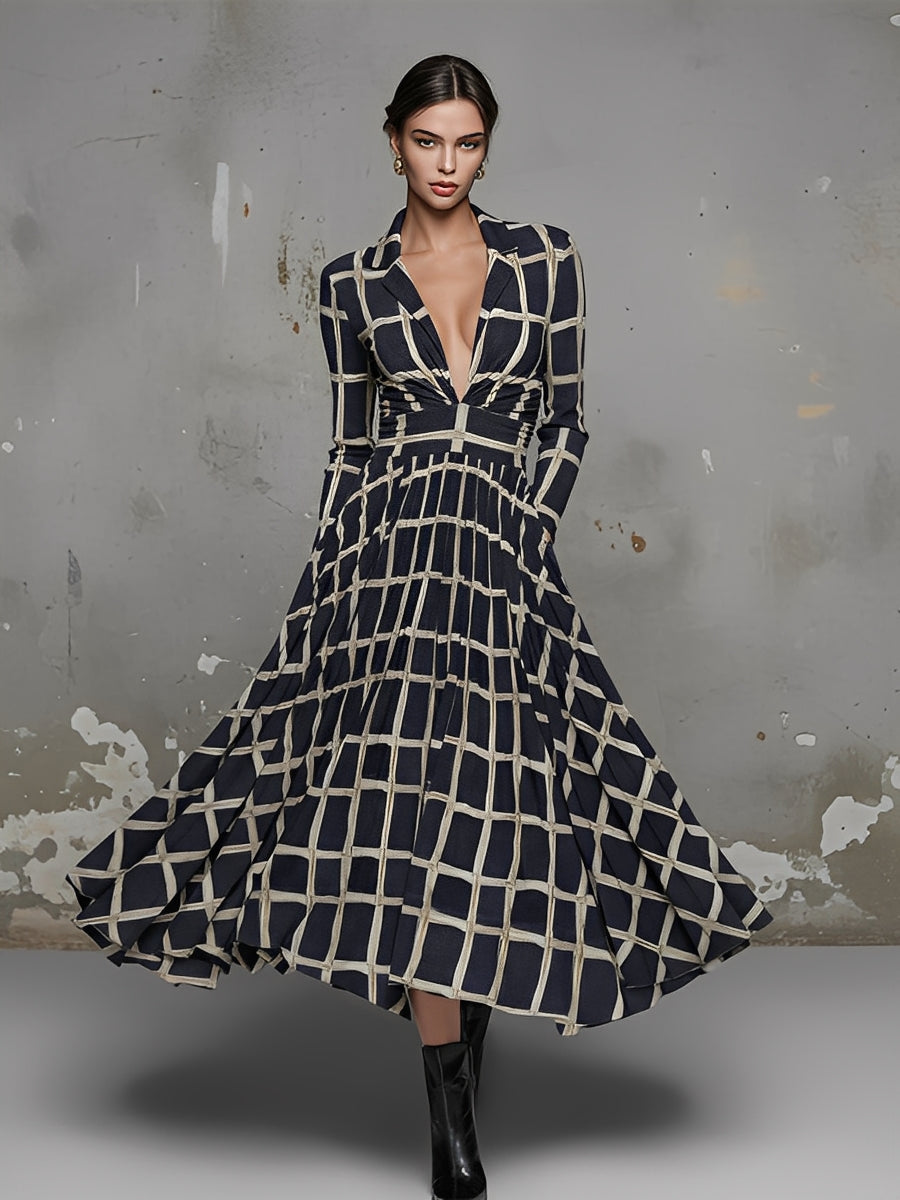 Women's Black & Beige Textured Chiffon Dress With Blazer Collar & Flowing Silhouette, Modern Chic Style Dress MDA1234L8I