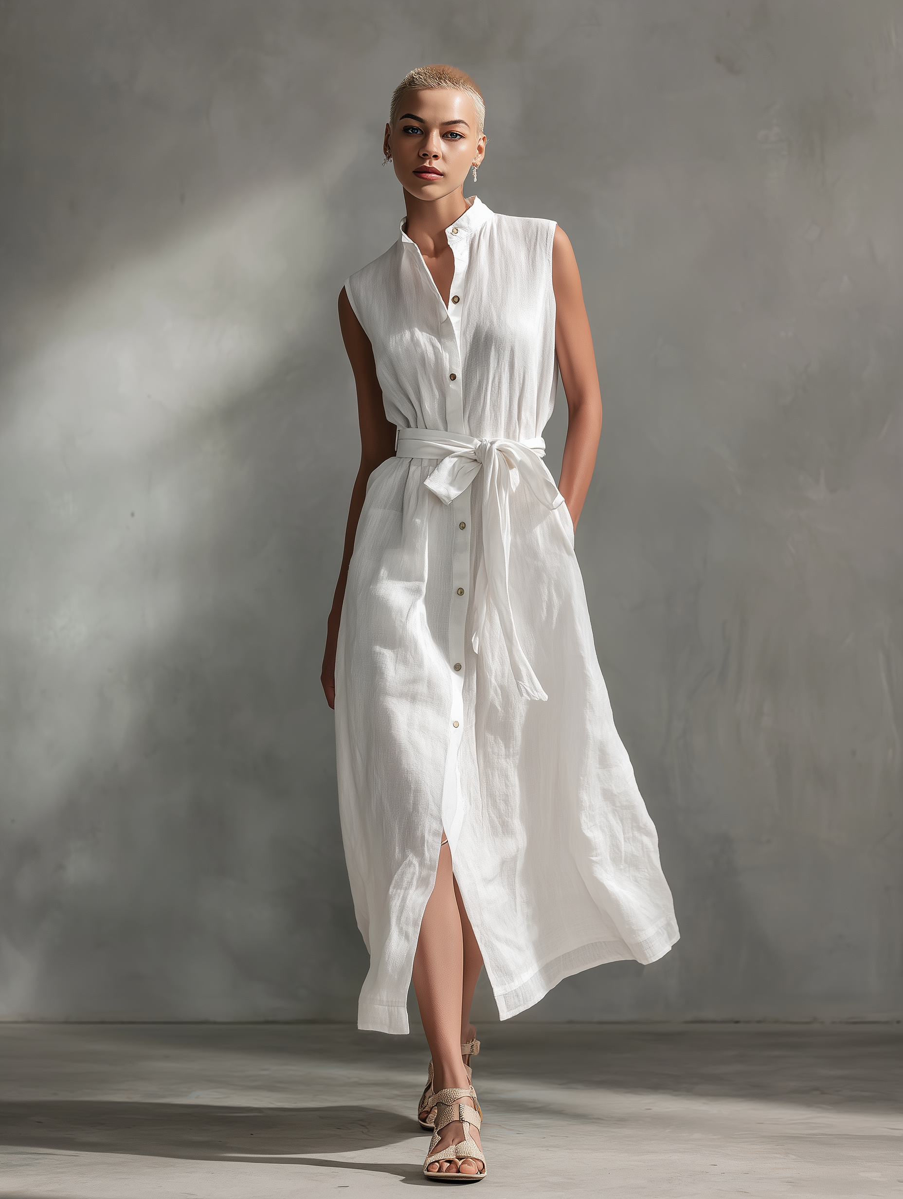 Women's Elegant White Cotton And Linen Blend Round Neck Sleeveless Maxi Dress MDA2920L9AN
