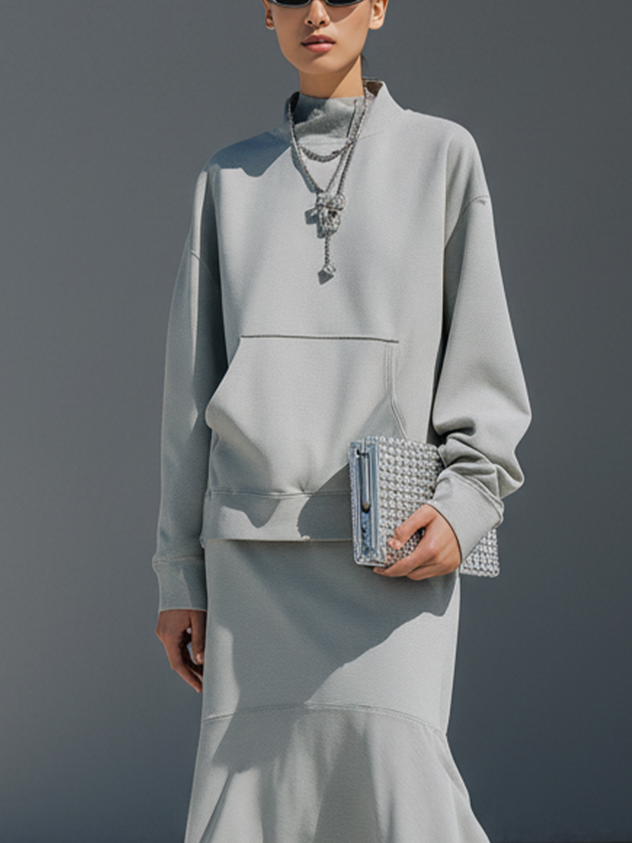 Women's Light Gray Fleece Fabric Oversized Mock-Neck Hoodie & Mermaid Maxi Skirt Set MDA1193L1T