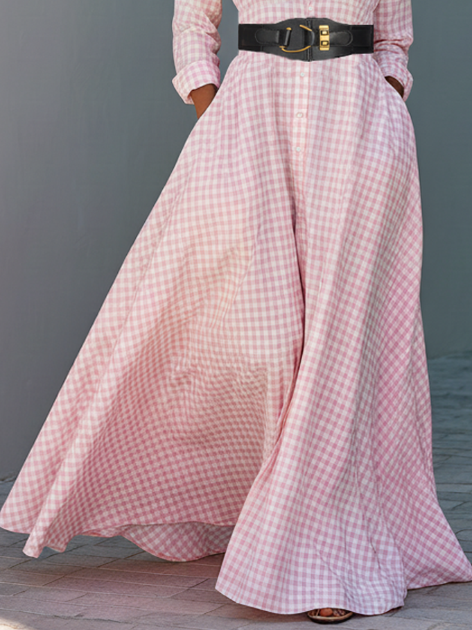 Women's Minimalist Checkered Long-sleeved Belted Shirt Maxi Dress MDA3081K9Y
