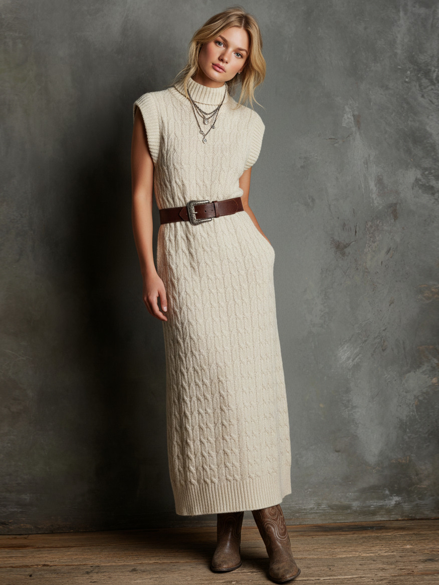 Women's Mock Neck Knitted Cable-knit Sleeveless Maxi Dress (belt Not Included)  MDA0452L2Y