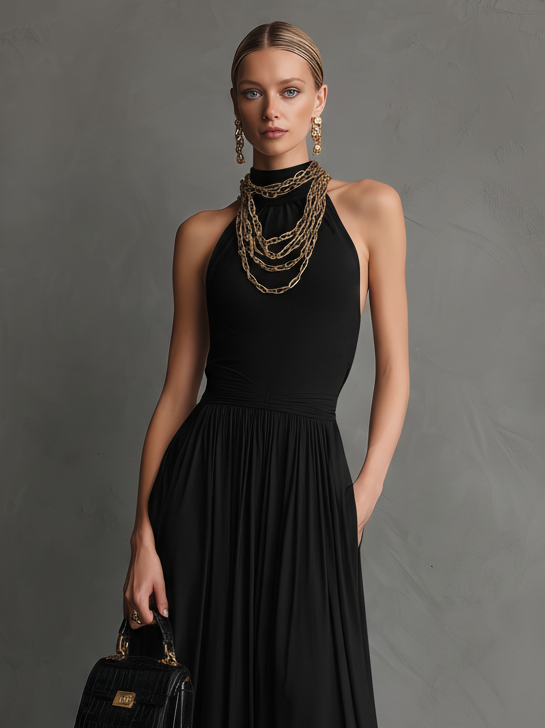 Women's Elegant Black Stretch Knit Round Neck Sleeveless Long Dress MDZ1299B8AN