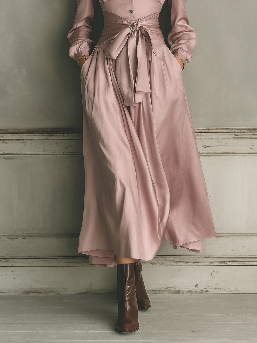 Women's Champagne Pink Satin Waist-cinching Tie-front Maxi Dress MDA0691K7T