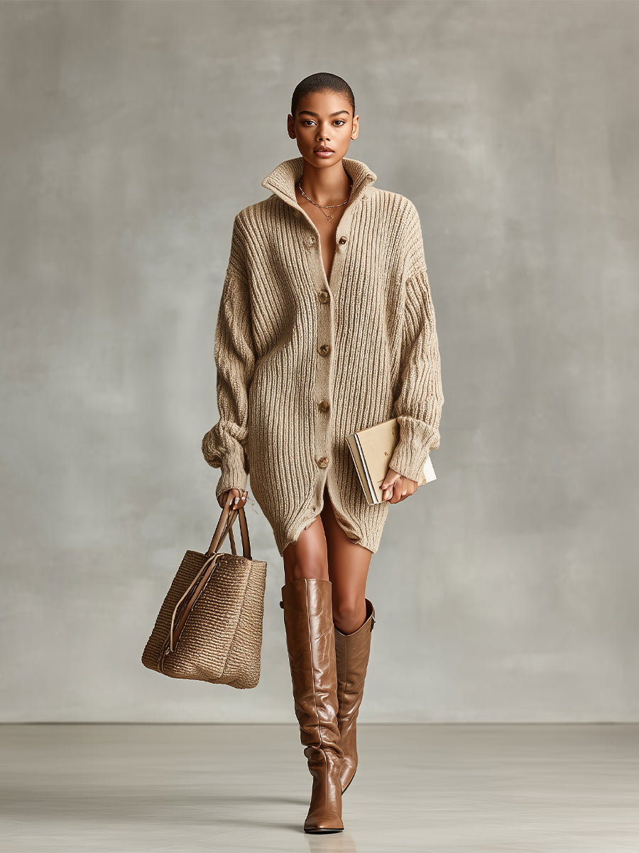 Women's Camel Elegant Button - Front Oversized Mini Cardigan Dress MDA1086J2I