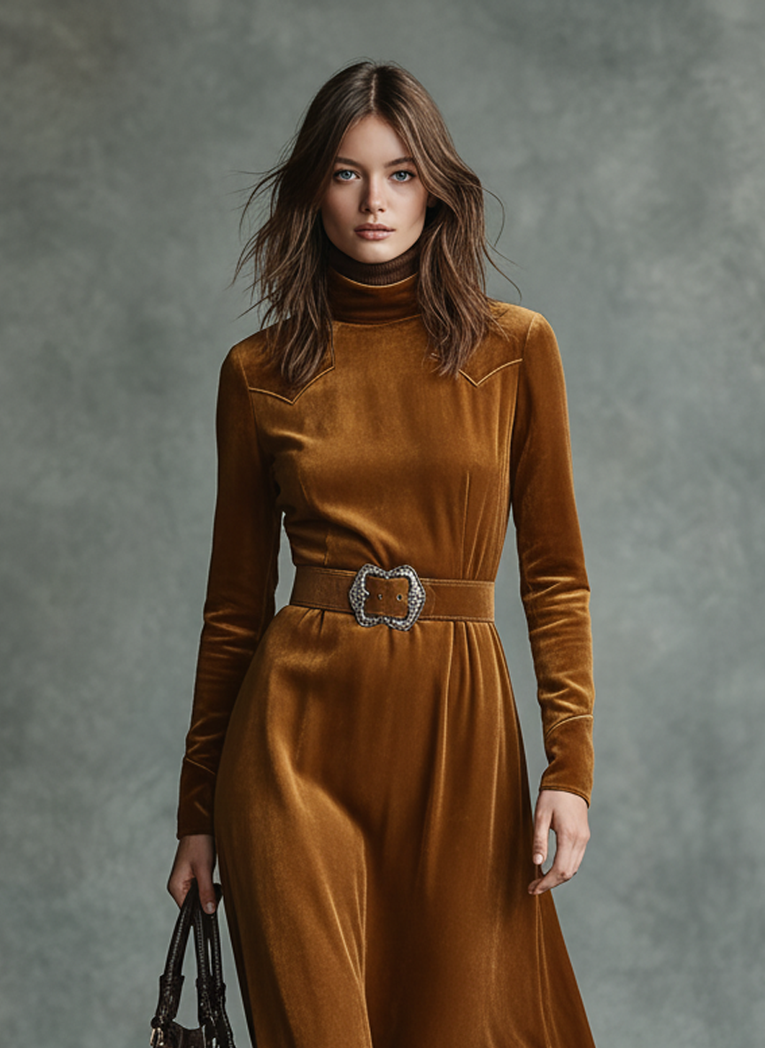 Women's Velvet Half-high Collar Belt Maxi Dress MDA2831J8Y