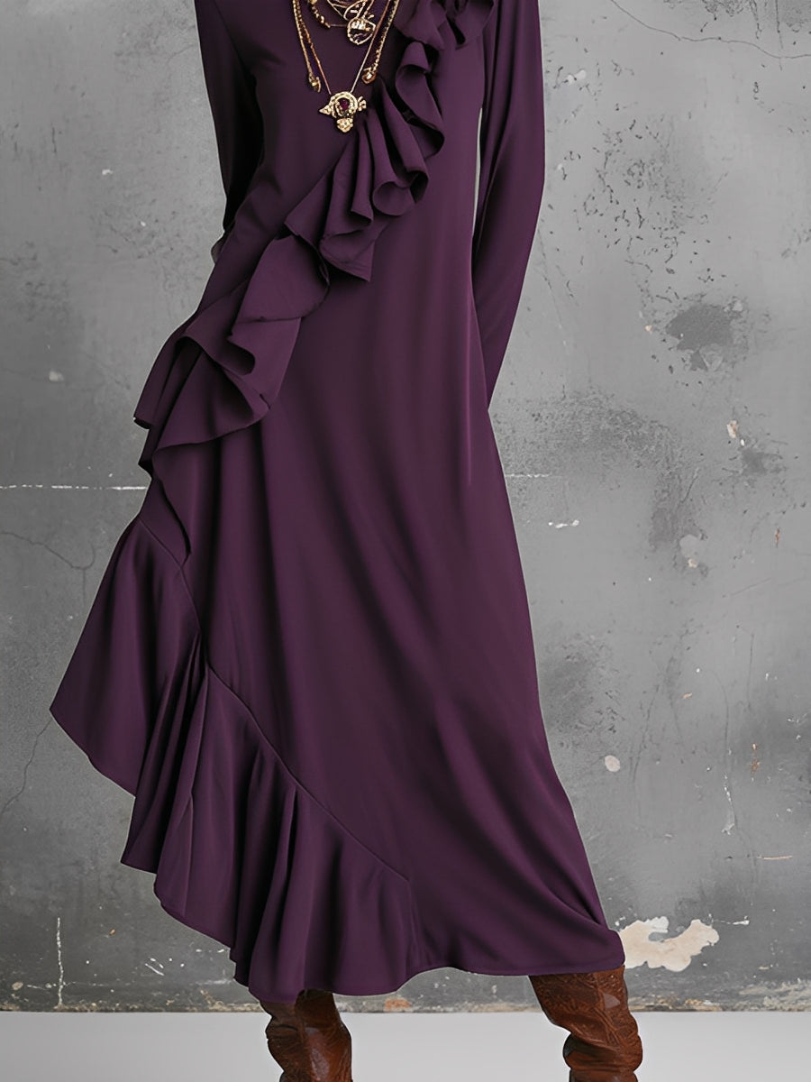 Women's Plum Stretchy Knit Dress With Turtleneck & Asymmetric Ruffles, Timeless Romantic Style Dress MDA1171L4I