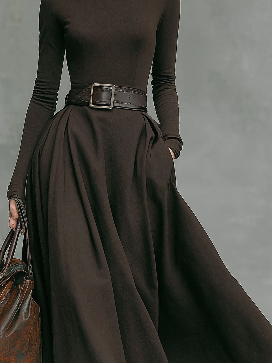 Women's Fashionable And Elegant Brown Turtleneck Long-sleeved Slim-fit Midi Dress (belt Not Included) MDA2887K3AN