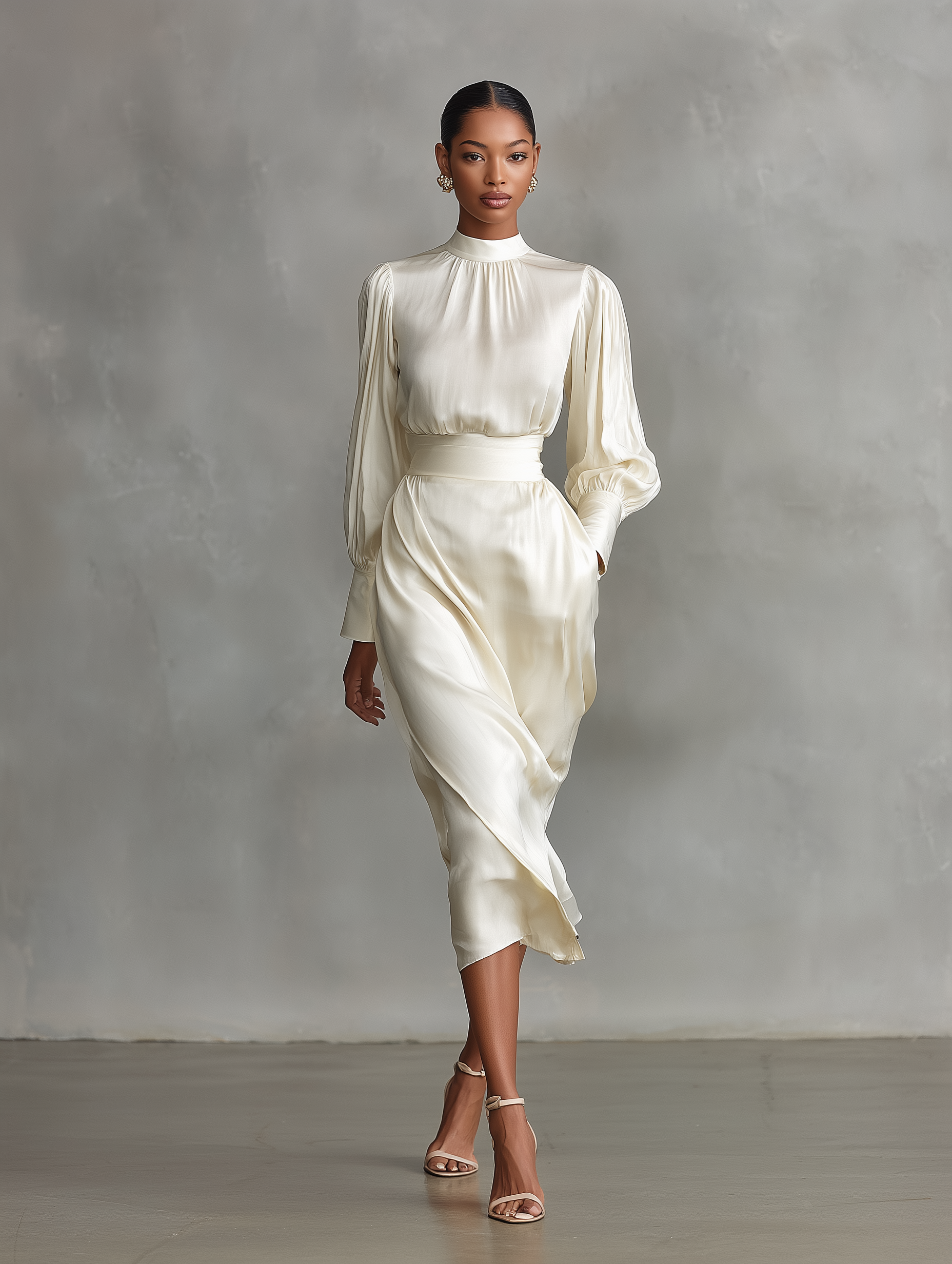Women's Elegant Off-white Glossy Satin High-neck Slim-fit Long-sleeved Midi Dress MDA1761L6AN