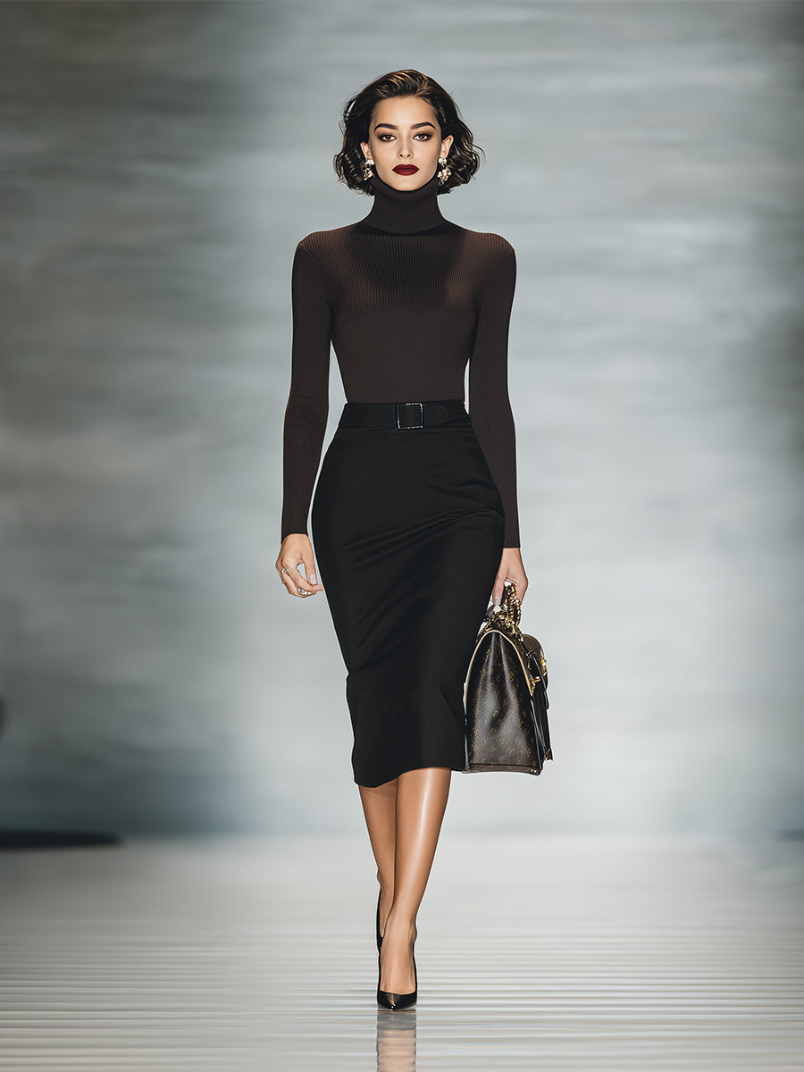 Women's Brown - Black Elegant Rib - Knit Belted Pencil Skirt Set MDA0809H4I