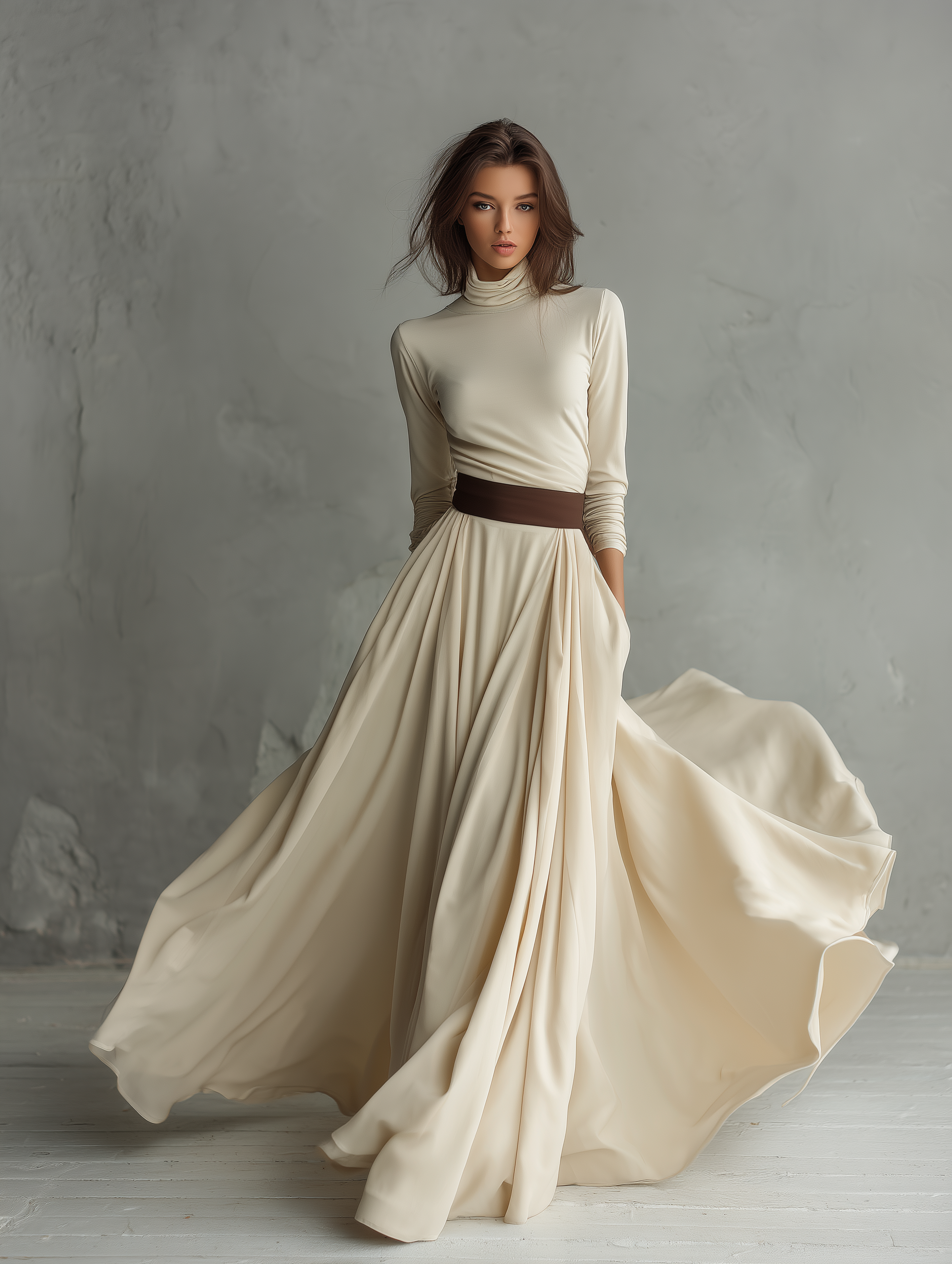 Women's Elegant Off-white Stretchy Knit Turtleneck Long-sleeved Maxi Dress MDA3100L9AN