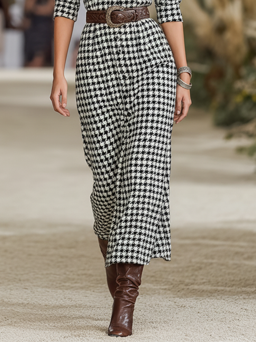 Women's Minimalist Houndstooth Shirt Collar Long-sleeved Maxi Dress (belt Not Included) MDA2989K0Y