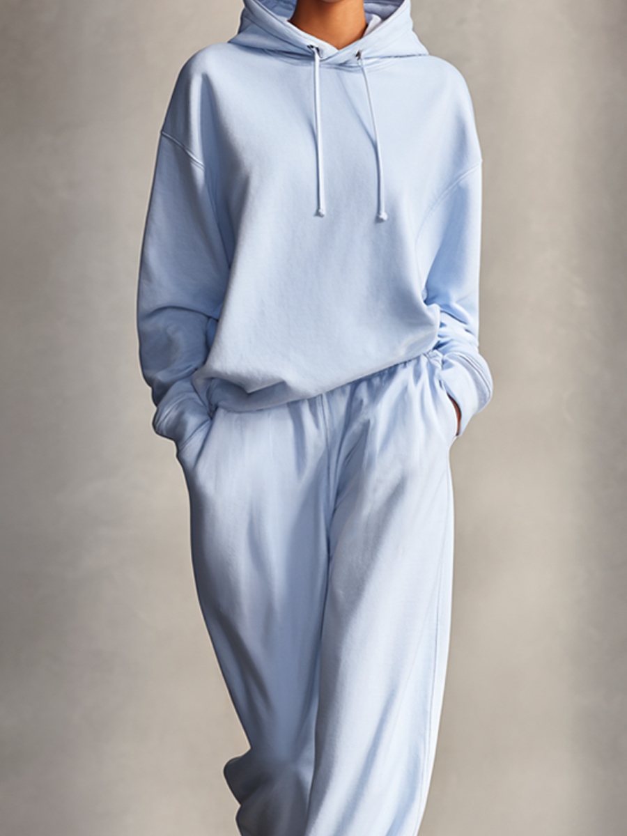 Women's Light Blue Loose Hooded Sweatshirt And Sweatpants Set MDA1105L6AP