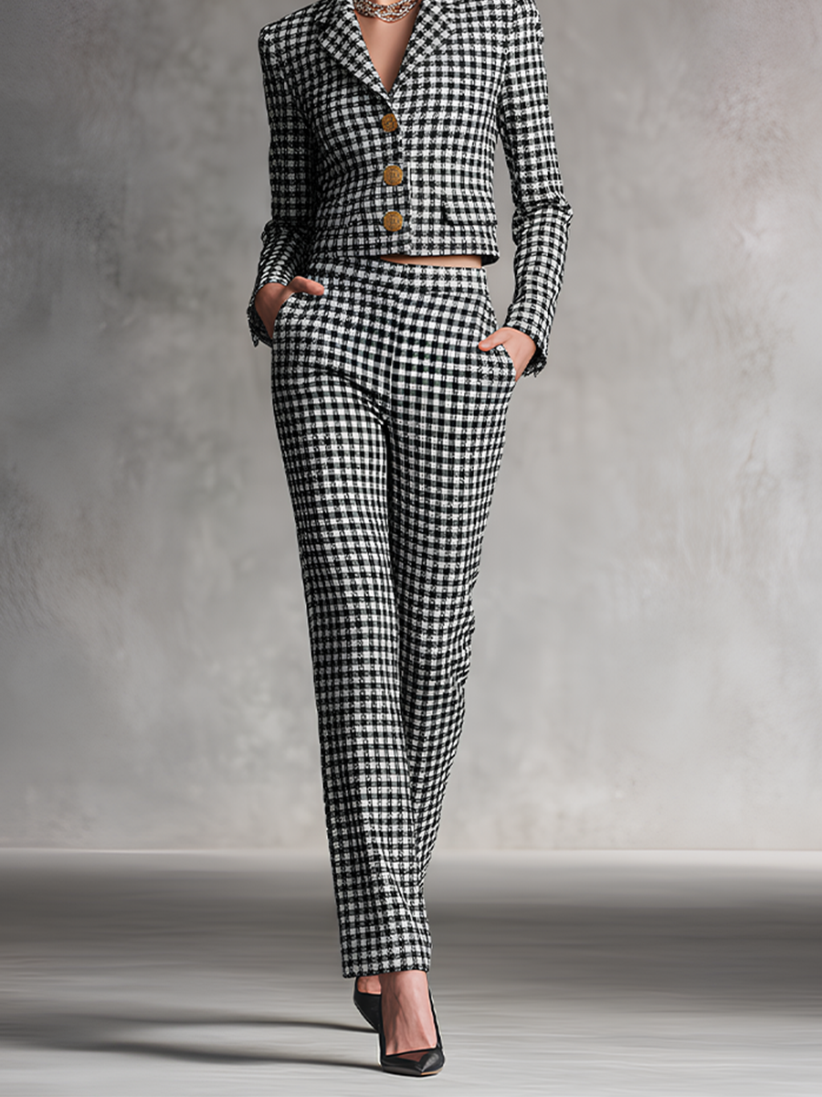 Women's Black And White Chic Tweed Cropped Blazer And Pants Set MDA1592I6I