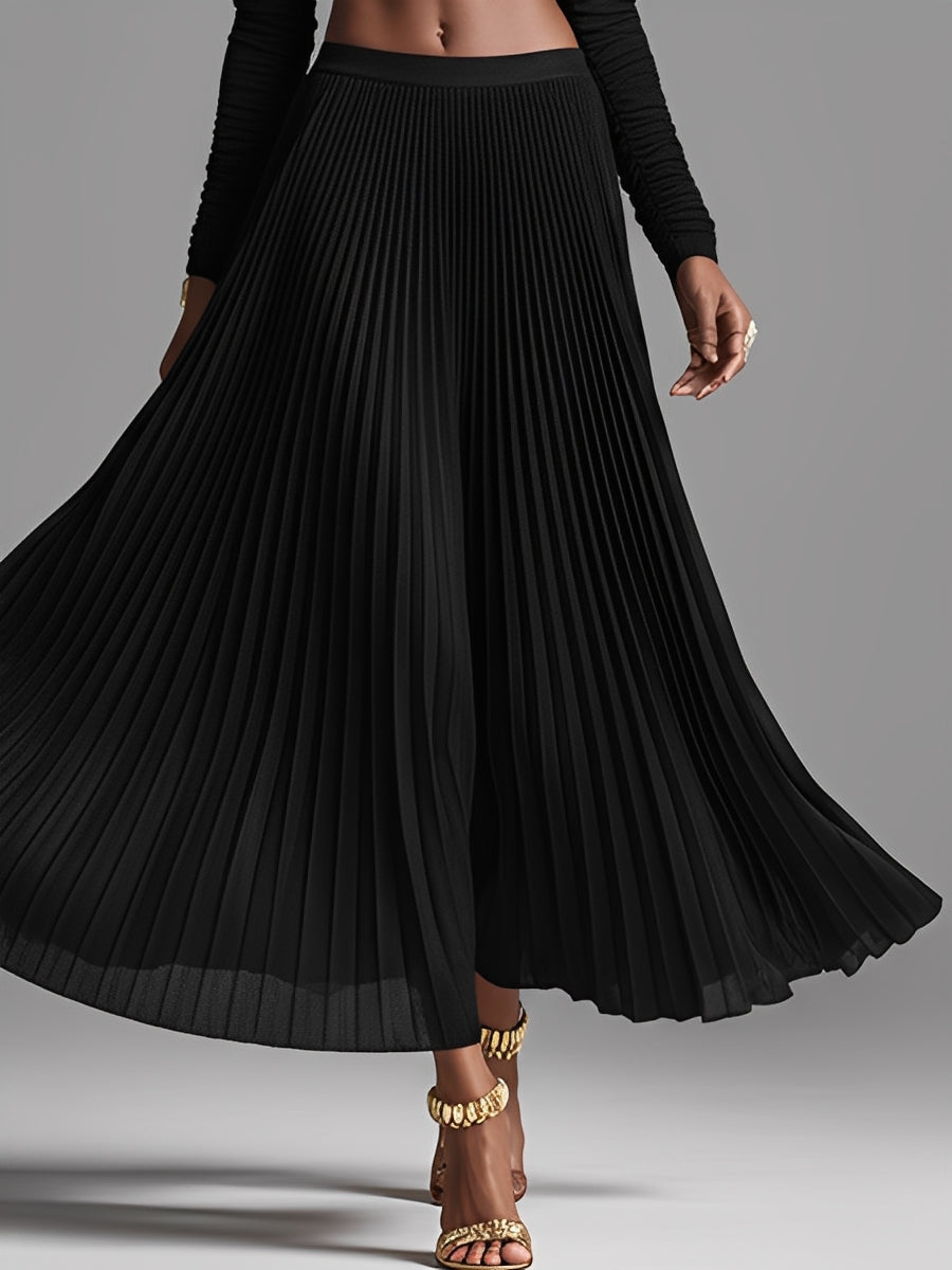 Women's Black Stretchy Knit Elegant Set With Off-the-Shoulder Crop Top & Pleated Maxi Skirt, Timeless Chic Style Set MDA0580L0I