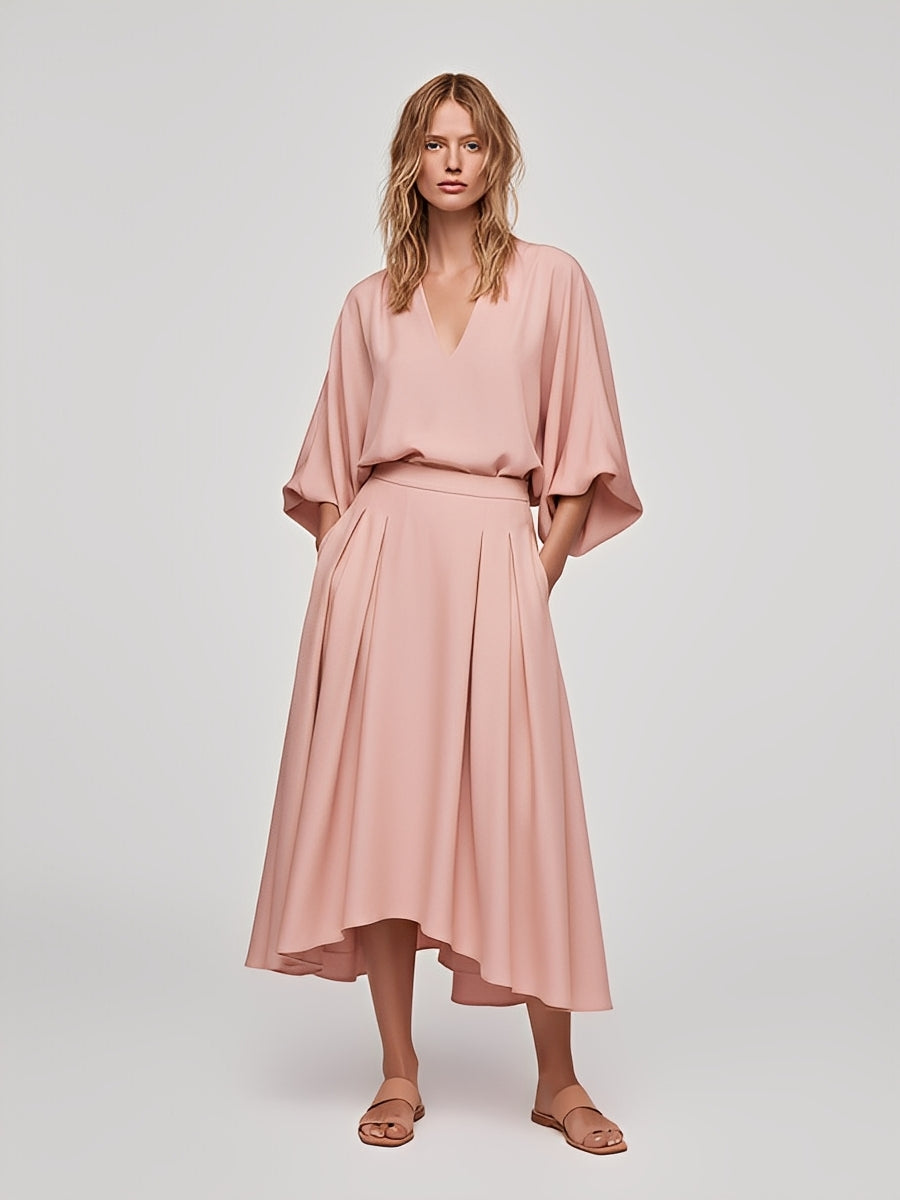 Women's Pink Cotton Matching Set With Deep V-Neck & Asymmetric Hem, Modern Elegant Style Set MDA1043L4I